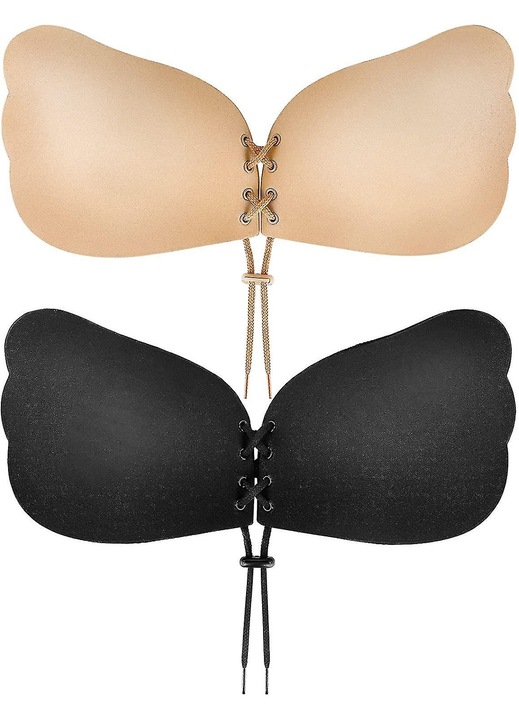 Sutien push-up, negru/bej, fara spate, fara bretele, set 2 perechi, material respirabil