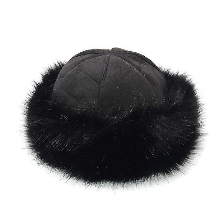 Caciula dama, neagra, din poliester, design pufos, dimensiune circumferinta 56-65cm