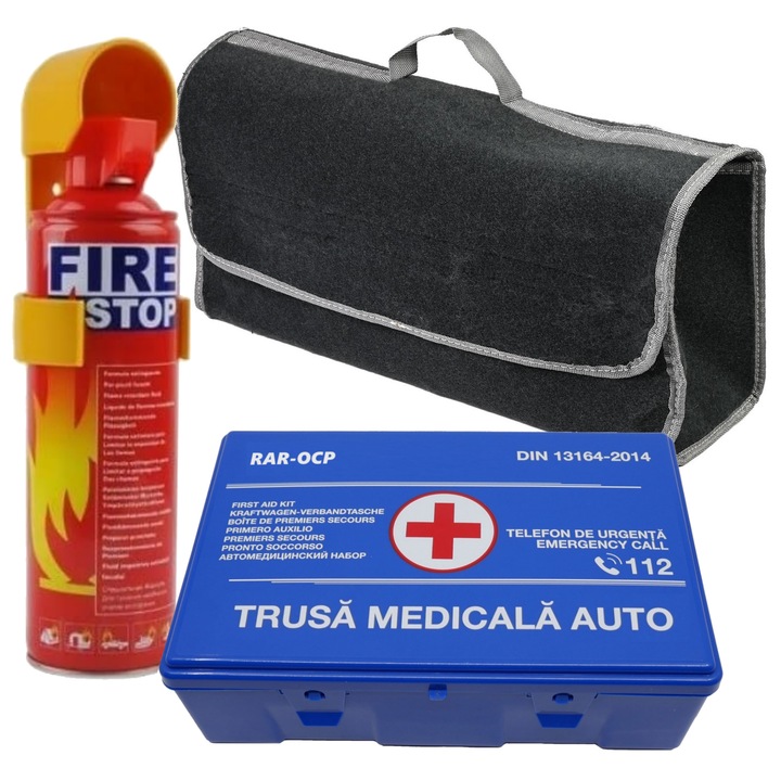 Trusa medicala auto prim ajutor + Stingator auto + Geanta Depozitare