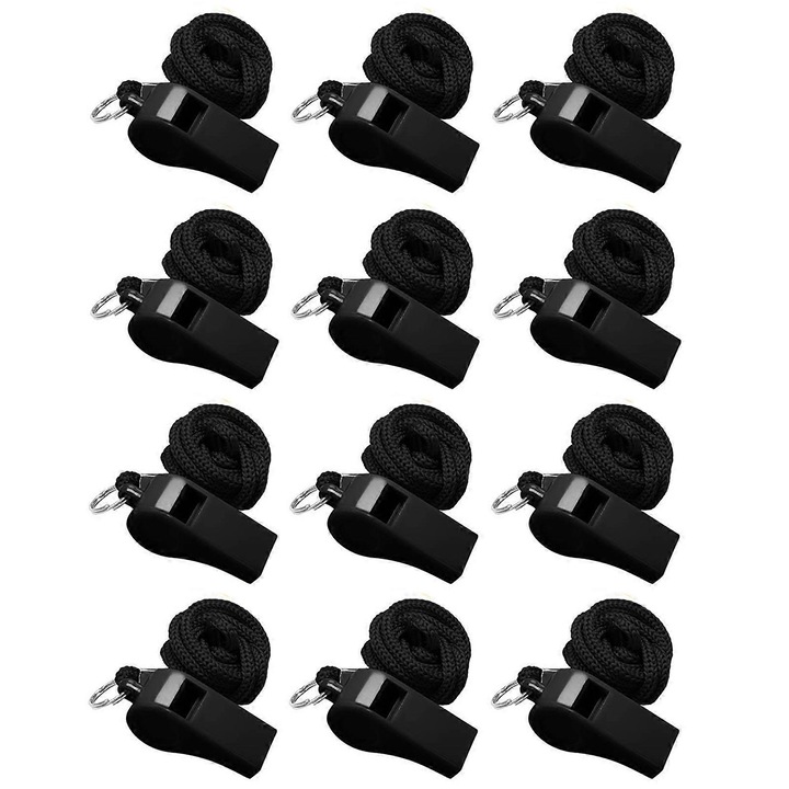 Set de 12 fluieruri colorate cu lanyard, sunet puternic, dimensiune compacta, 5x2.2x1.7cm