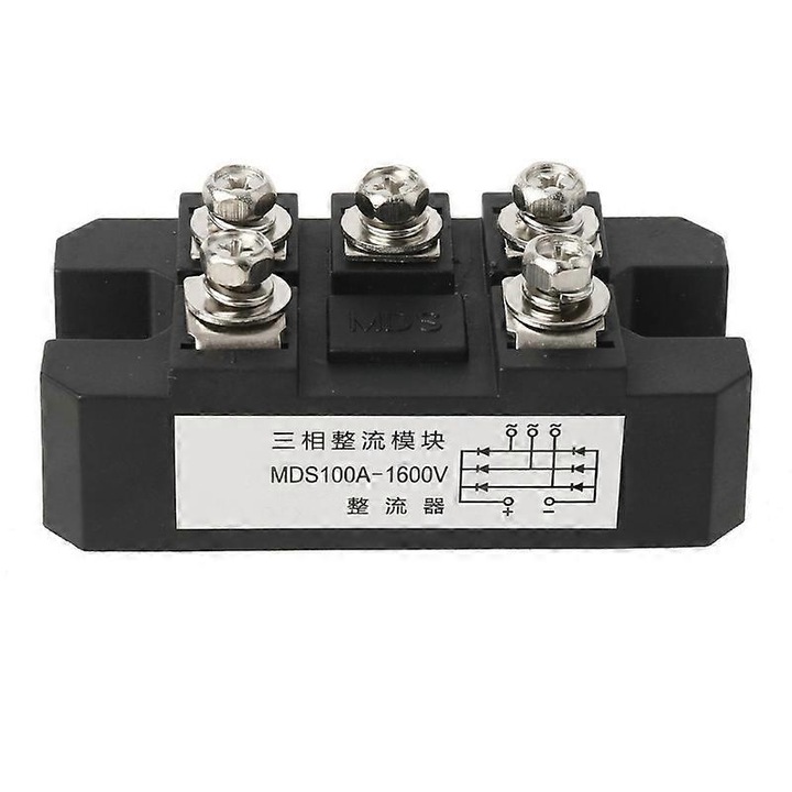 Redresor punte 3-fazic MDS100A, 100A, 1600V, dimensiuni 8x4x2.6cm, culoare neagra