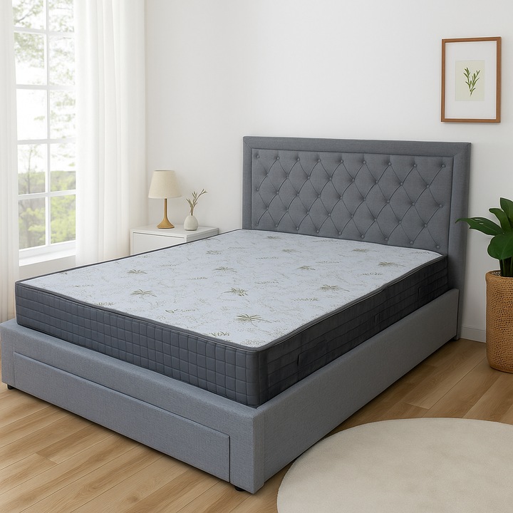 Pat tapitat cu lada depozitare Austin, elemente lemn masiv, stofa, cu somiera,140x200 cm, gri