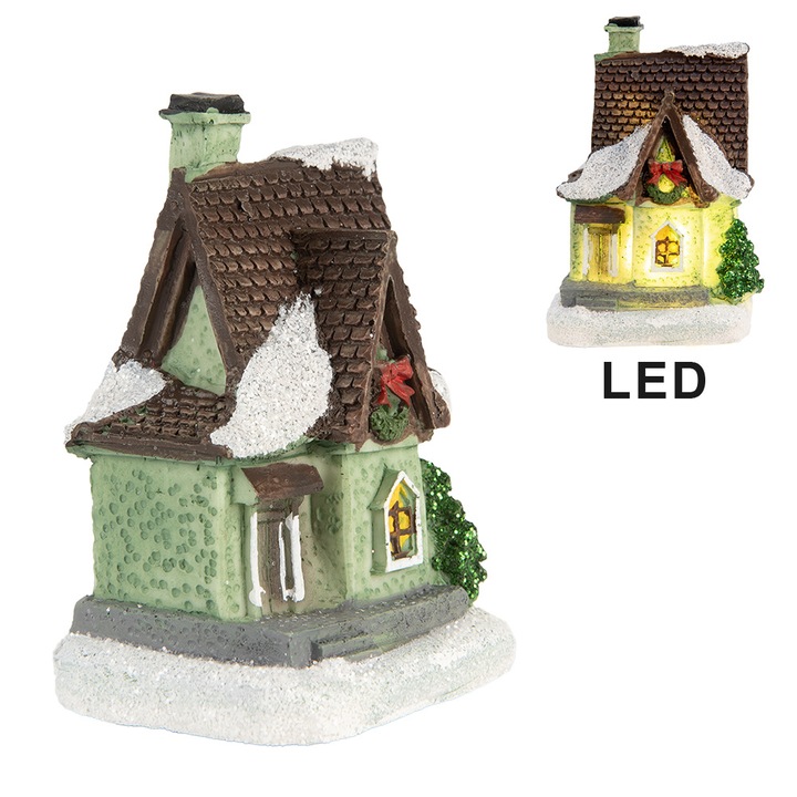 Polirezin többszínű karácsonyi házikó LED-del, 5x5x7 cm