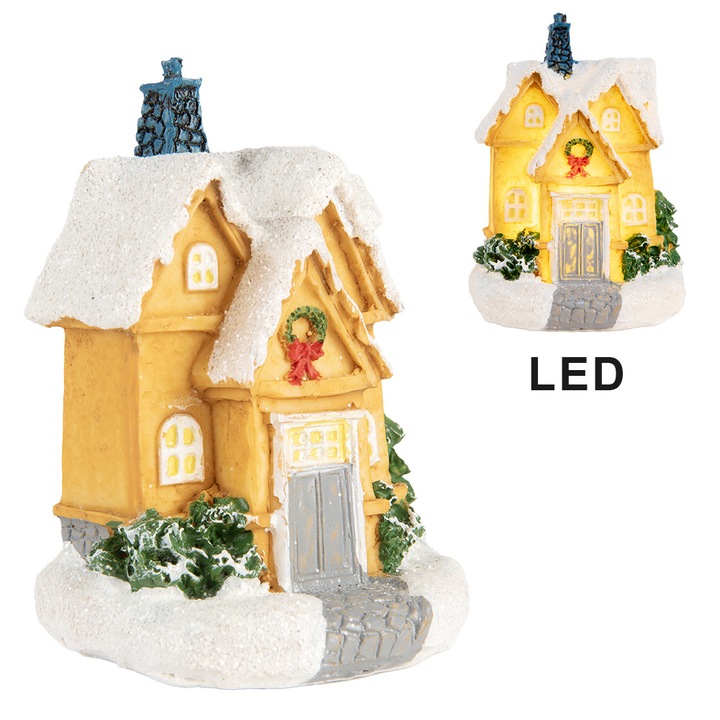 Többszínű polirezin karácsonyi házikó LED-del, 6x5x9 cm