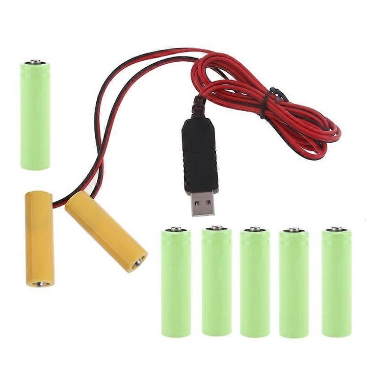 USB-6V átalakító AA elemekhez, 1x elemkiváltó + 6x zöld adapter, 96cm