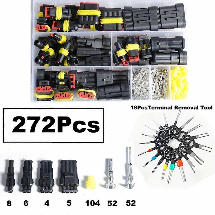 Set 272 bucati conector electric 2 pini, priza rapida, cablu impermeabil 18AWG pentru masina, camion, motocicleta, barca