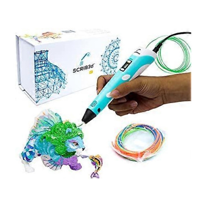 3D писалка SCRIB3D P1, комплект с 3 PLA цвята, адаптер, шаблонен водач, функция за контрол на скоростта, висока безопасност