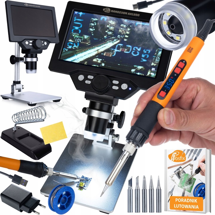 Digitális mikroszkóp Rosfix NanoZoom AX1200, 7" LCD, 12MP, 1200x, szervizkészlet 80W-os forrasztópákával, 12 az 1-ben