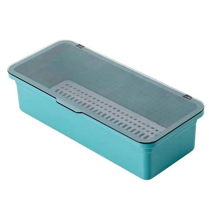 Cutie de depozitare tacamuri transparenta, 27x11.5x7cm, design cu drenaj, albastra, set