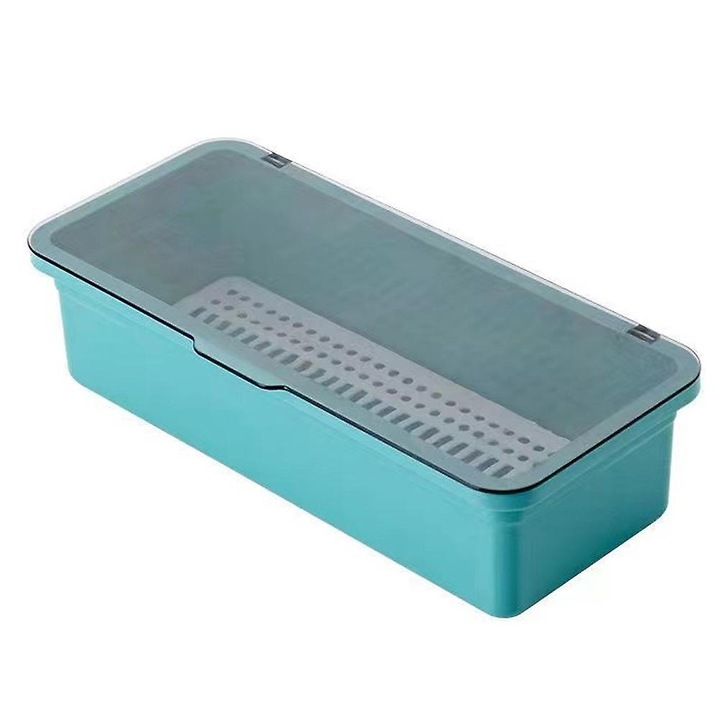 Cutie de depozitare tacamuri, albastru/transparent, 27x11.5x7cm, design cu drenaj