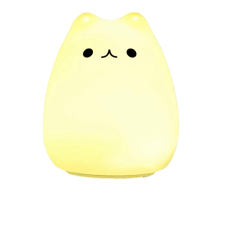 Lampa de veghe pentru copii, 7 culori, cu baterie, design pisica, portabila