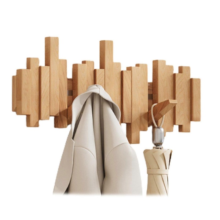 Cuier din lemn tip pian, 6 carlige, design elegant, lemn natural, multifunctional