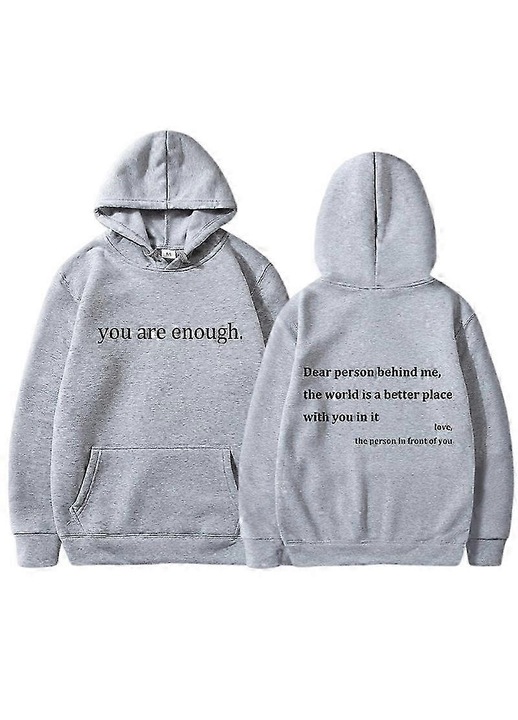 Hanorac unisex, cu imprimeu You Are Enough, casual, bumbac, gri, XL INTL