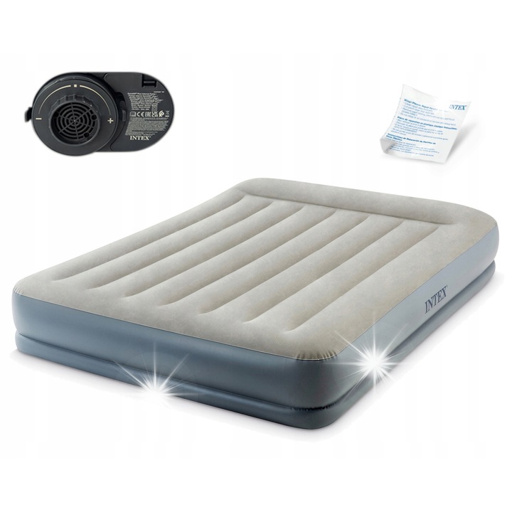 Къмпинг матрак с електрическа помпа Intex, за 2 души, 203x152x30см, сив, с чанта за носене