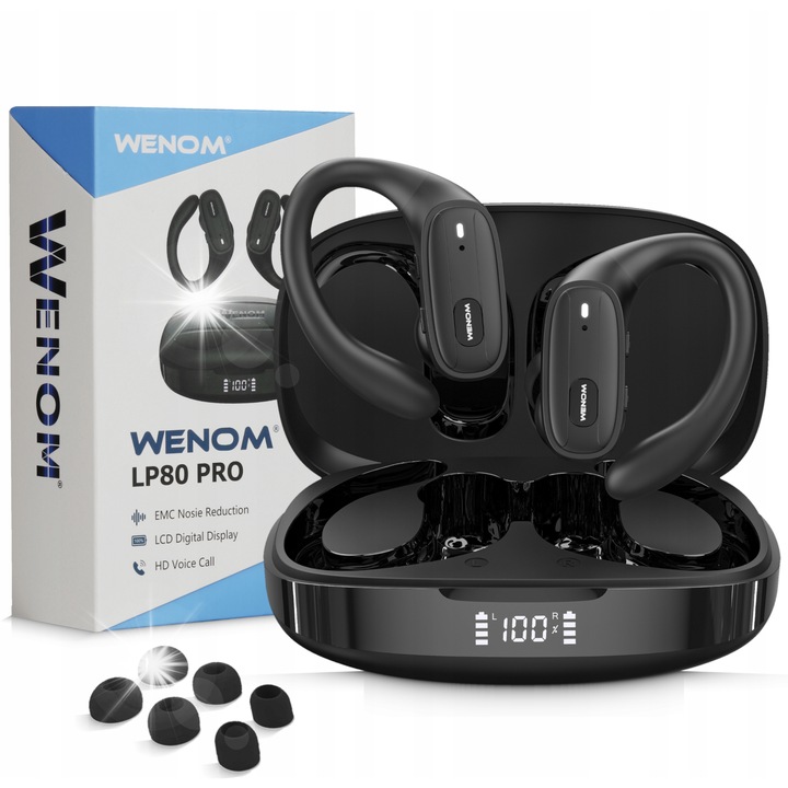 Vezeték nélküli sport fülhallgató, Wenom LP-80 Pro, Bluetooth 5.3, vízálló, USB-C töltőtokkal