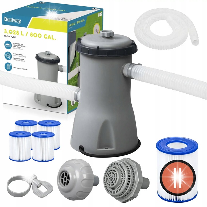 Филтърна помпа за басейн Bestway 58386, 3028 л/ч, комплект с 4 филтъра тип II, 220-240 V, 32 W, 3 м
