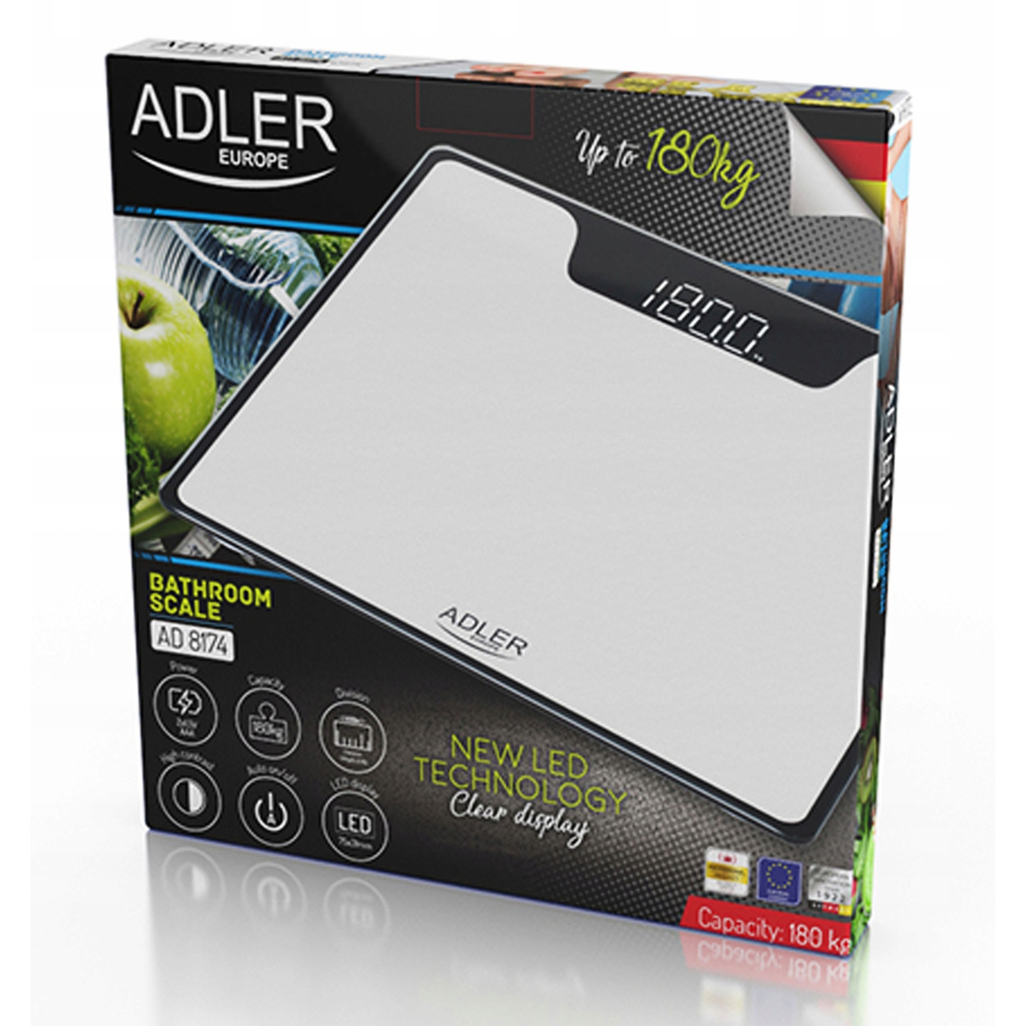 Cantar corporal Adler, model AD 8174, 180 kg, display LED, alb, 30x30cm ...