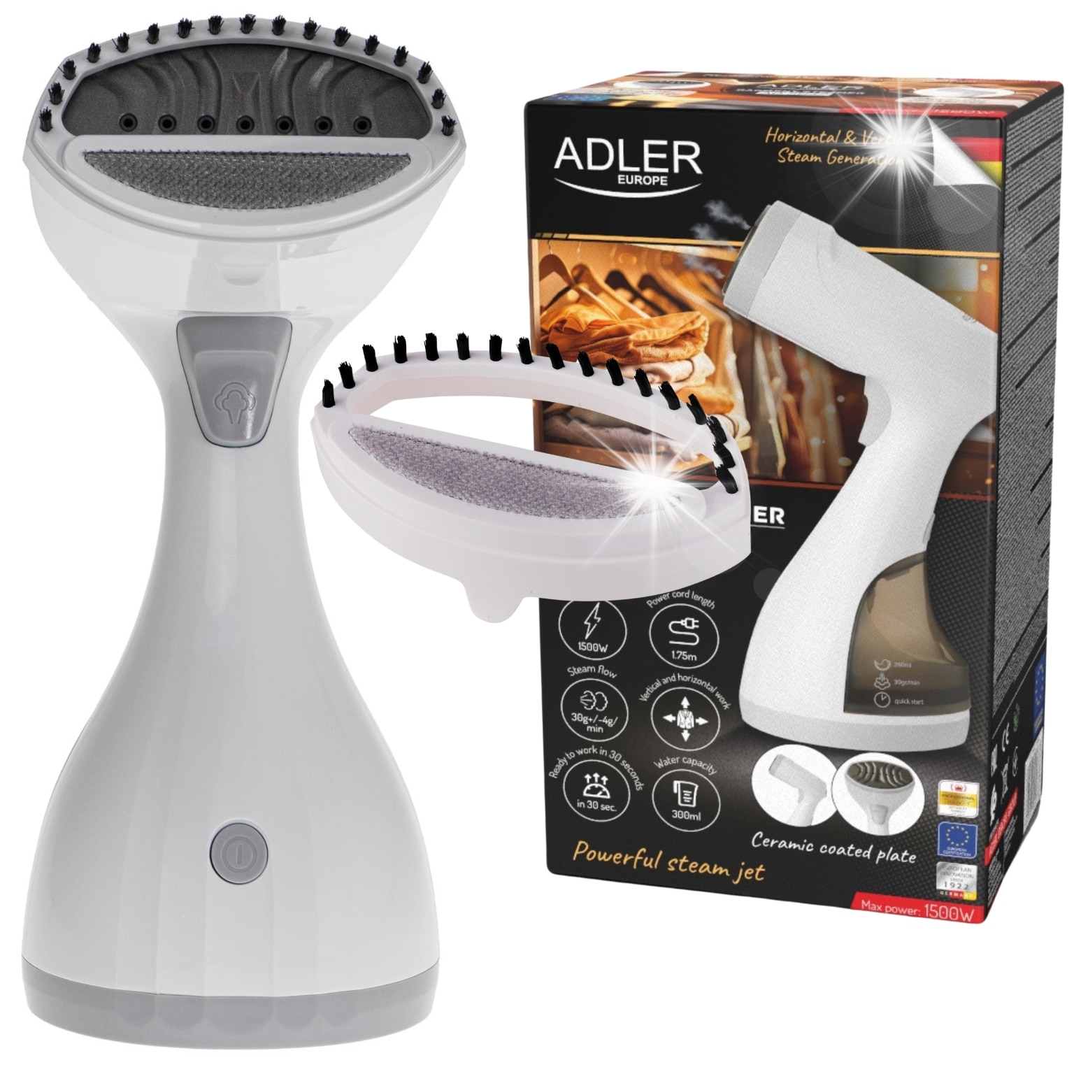 Steamer de imbracaminte Adler AD 5042, 1500 W, 0.3 L, alb