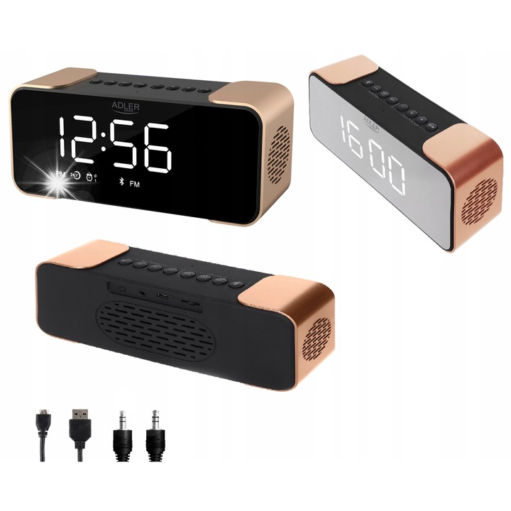 Радио с часовник и Bluetooth, Adler, черно/кафяво, 19x5.4x8.4см, 3 режима на аларма, 10 часа възпроизвеждане на музика