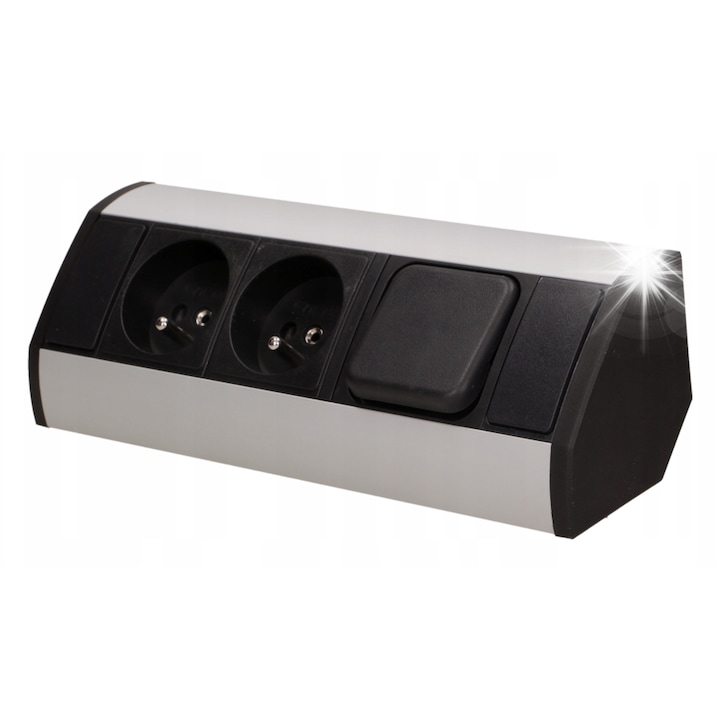 Двоен контакт Orno, 2x230V, с ключ ON/OFF, черно/сребристо, 64x210x64mm