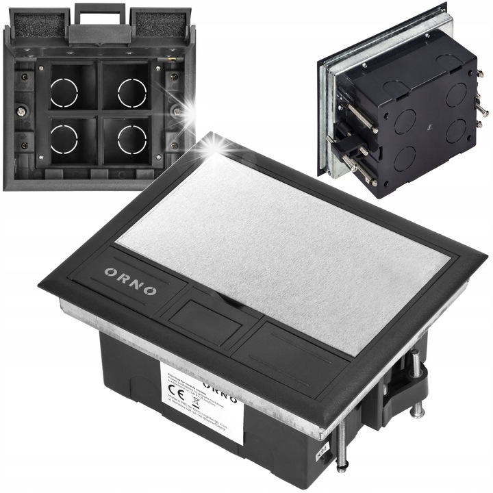 Puszka podlogowa Orno, model OR-GP-9201/SS, 4 module 45x45mm sau 8 module 22,5x45mm, gri, dimensiuni 169x141mm