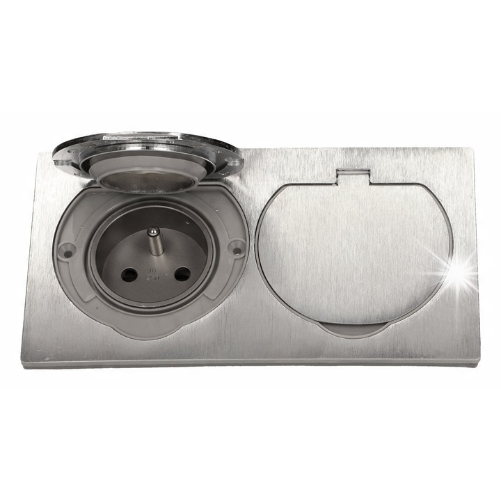 Priză electrică dublă, ermetică, ORNO, inox, IP55, 2P+Z, 157x86x57mm