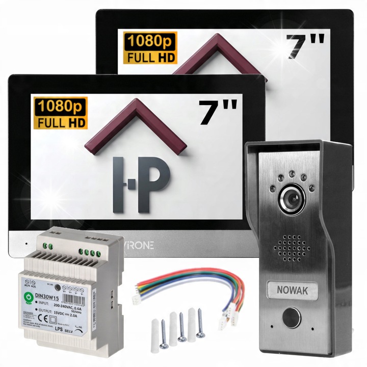 Videointerfon, Virone, 2 monitoare 7" Full HD, camera, zavor electric, alimentator pe sina DIN