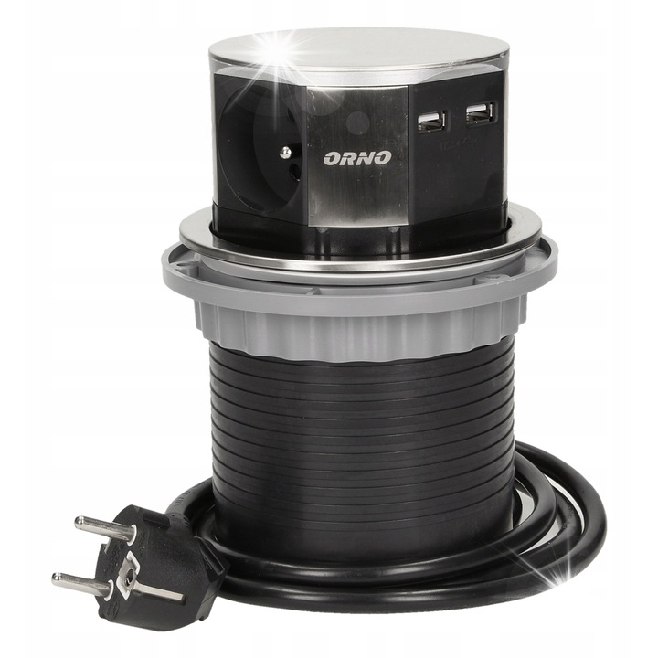 Priza 4x16A, Orno, cu incarcator USB, inox, 115x159,4mm