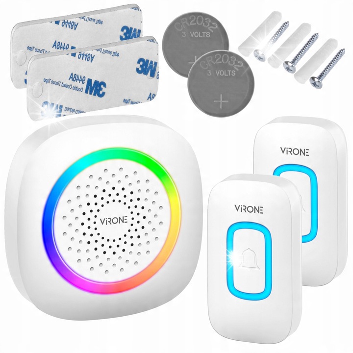 Sonerie electrica fara fir, Virone, 2 butoane si 1 receptor, LED RGB, waterproof, 300m raza, 60 melodii