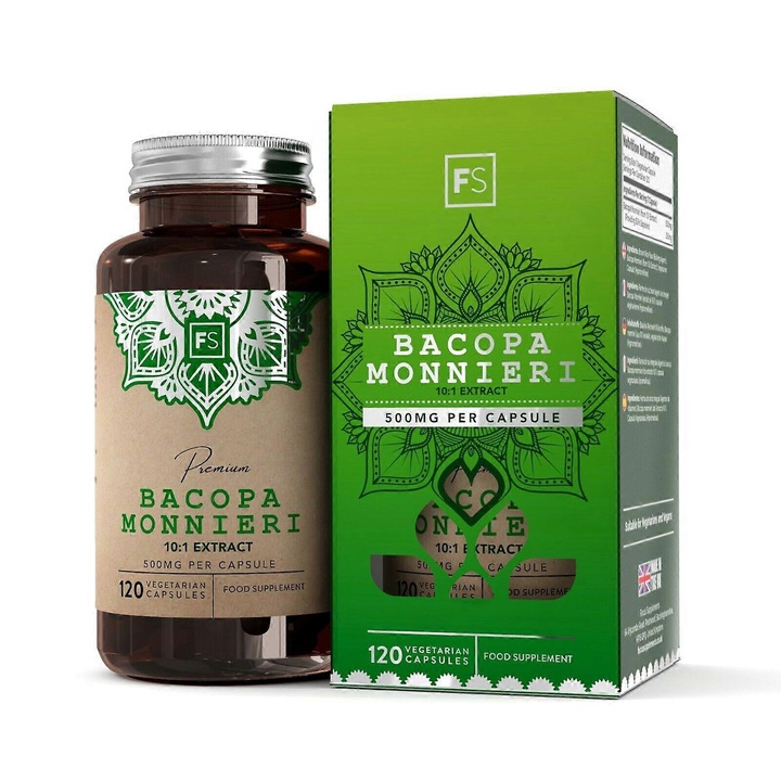 Bacopa Monnieri 500mg, set 3 sticle, 360 capsule, extract 10:1, suport pentru invatare si memorie