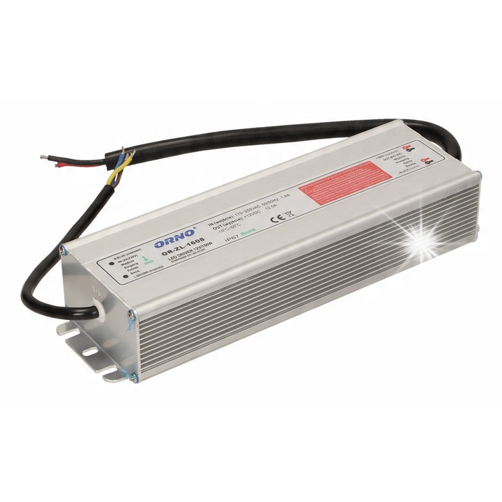 Sursa de alimentare pentru iluminare LED, ORNO, 12V 150W, IP67, 330x20x39mm
