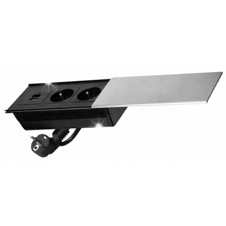 Мебелен контакт с плъзгащ капак, 2x2P+Z френски, USB A+C, сребрист, 190x86x65мм, комплект