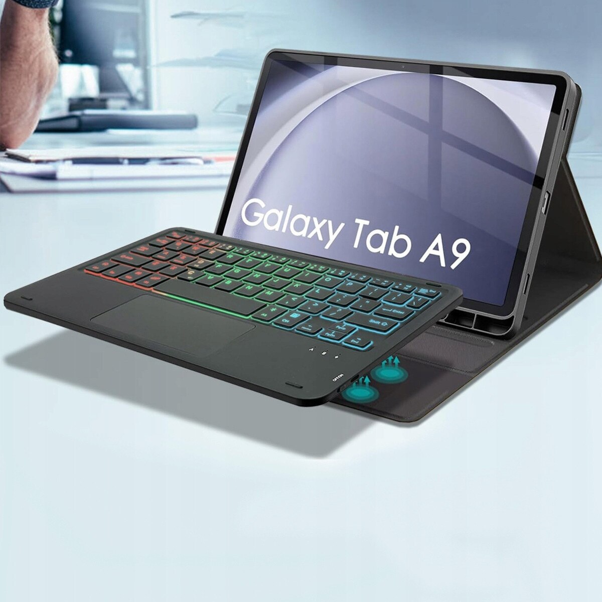 Etui cu tastatura pentru tableta Samsung Galaxy Tab A9 SM-X115, wireless, iluminare RGB, negru
