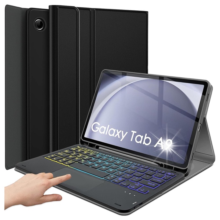 Etui cu tastatura pentru tableta Samsung Galaxy Tab A9 SM-X115, wireless, iluminare RGB, negru