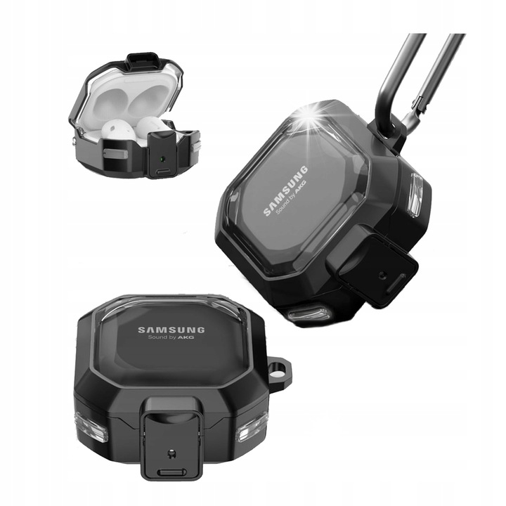 Etui pentru casti Samsung Galaxy Buds FE/2 Pro/2/Live/Pro, Supero, TPU, design mat cu finisaj carbon, negru-transparent