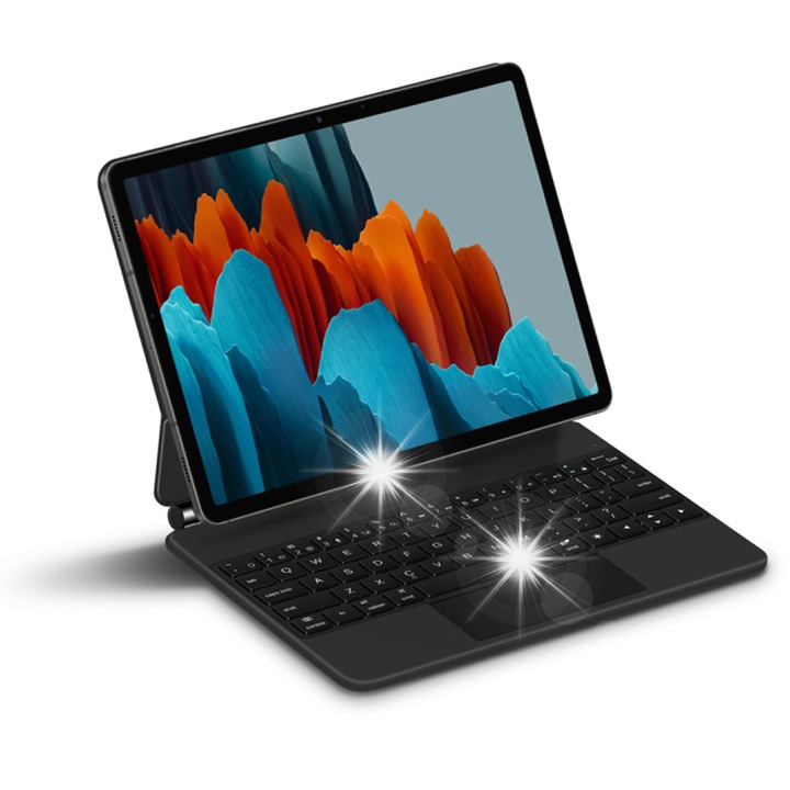 Etui cu tastatura pentru tableta, negru, compatibil cu Samsung Galaxy Tab S7 FE/S8+/S9+/S9 FE+, cu iluminare si suport magnetic