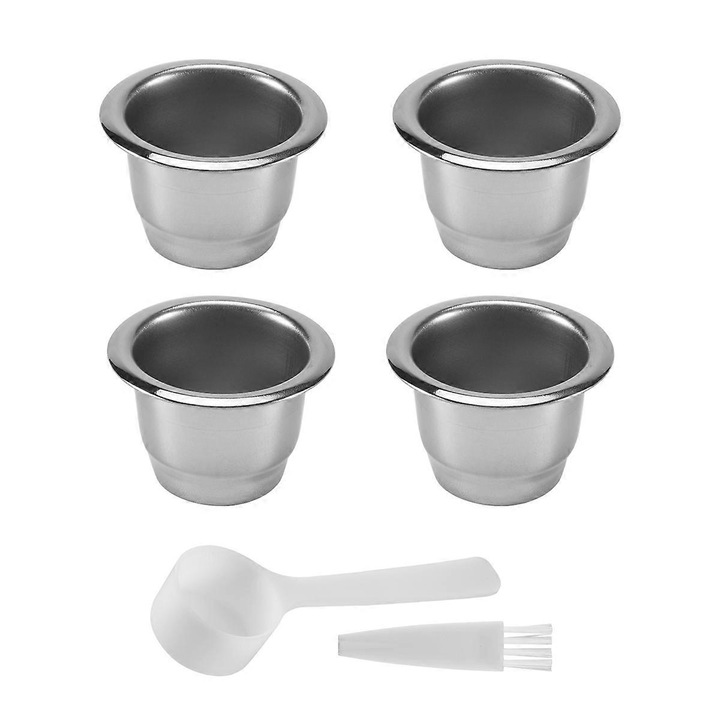 Set 4 capsule din otel inoxidabil pentru aparat de cafea Nespresso, argintii, dimensiuni 3.7x2.3x2.5cm