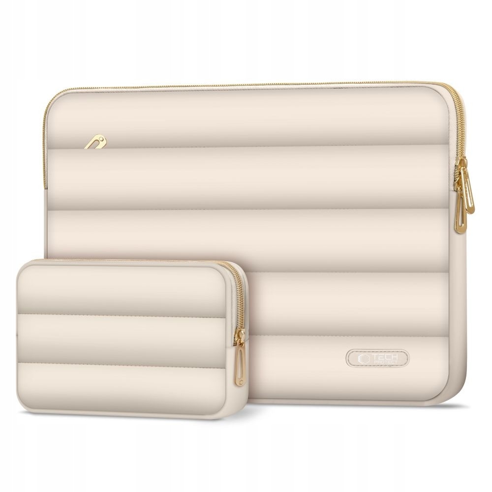 Etui laptop 15-16 inch, Tech-Protect Puffy, set cu torba mica, 40,6x30x2,5cm, 38,2x27,5cm, culoare sand