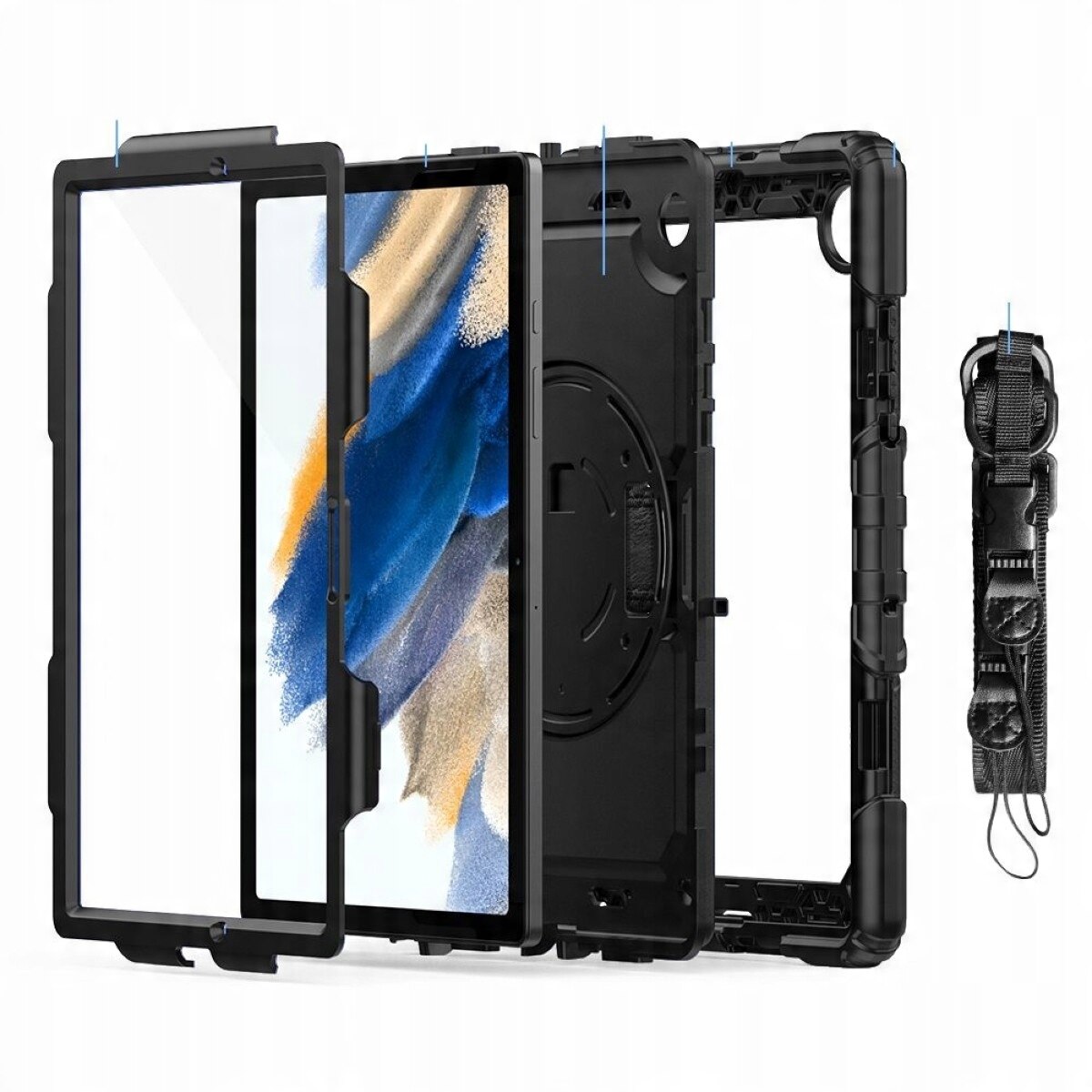 Etui protectie Handle II pentru Samsung Galaxy TAB A8 10.5, 360° protectie, negru, set cu curea