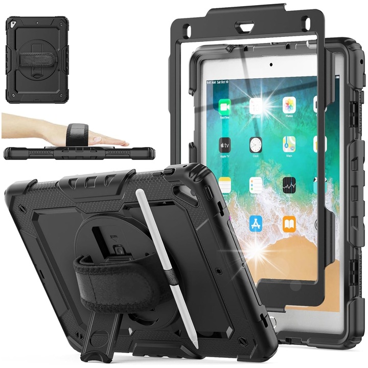 Etui pancerat pentru iPad 9.7, material poliweglan si silicon, protectie impotriva apei si prafului, cu suport, negru