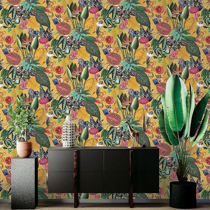 Tapéta Trópusi Csodaország, smaragdzöld, 10.05m x 53cm, egzotikus design színes állatokkal