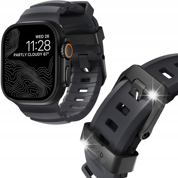 Pasek Rocky Point Band pentru Apple Watch 10/9/8/7/SE/6/5/4, 49/46/45/44mm, negru/grafit cu elemente portocalii, 20,88x2,30cm