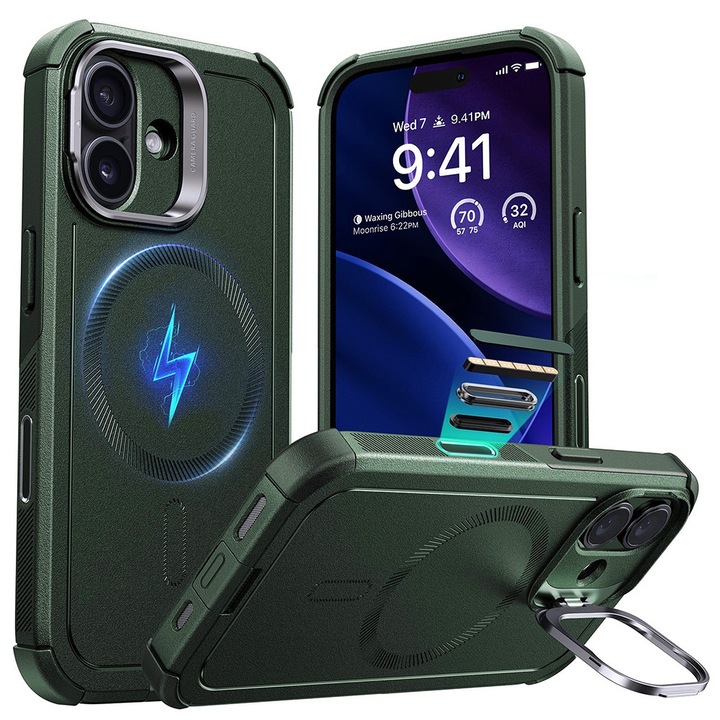Husa de protectie MagSafe Antisoc pentru Apple iPhone 17, Tough Design, cu Kickstand, Policarbonat, Amortizare Impact, TPE, Verde