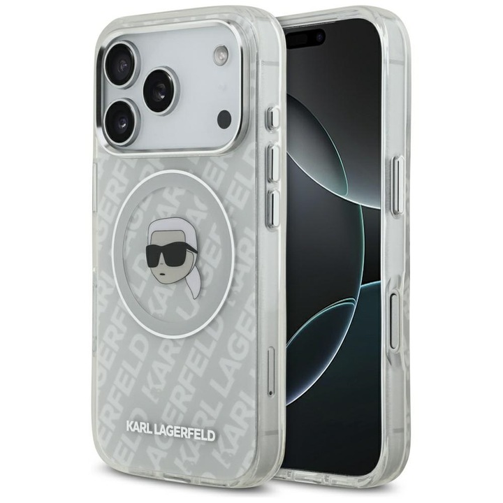 Калъф Karl Lagerfeld IML Karl Head Logo, сив, съвместим с MagSafe за iPhone 17 Pro, материал TPU/PC