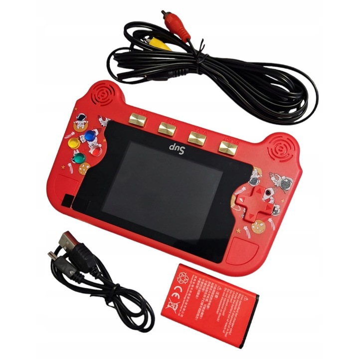 Consola portabila retro SUP Game Box, 500 jocuri preinstalate, ecran LCD 5 inci, baterie 1000 mAh, AV-out, micro‑USB, rosu