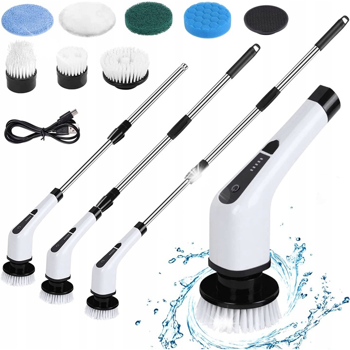 Perie electrica de curatare 8 in 1 Bedee, alb, cu tub extensibil 110x137cm, 8 capete interschimbabile