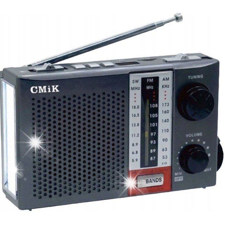 CMiK MK-938 hordozható rádió LED lámpával, akkumulátoros tápellátással, USB-vel, 18,5x13,5x3,5cm méretekkel, fekete színben