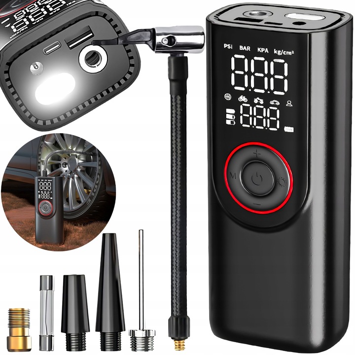 Pompa de umflat electrica Heckermann, 6000 mAh, 150 psi, compacta, cu functie de powerbank, neagra