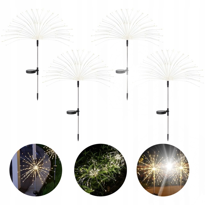 Lampi solare, 4 bucati, efect de artificii, 105 LED, alb cald, IP65