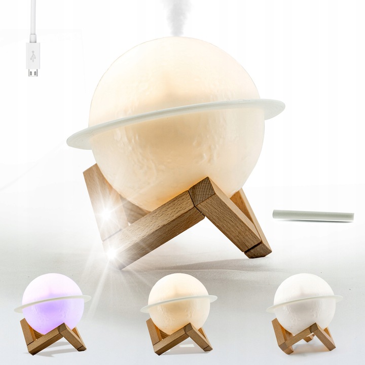 Bolygó alakú párásító LED lámpával, 250ml, 2 párásítási mód, többszínű, 138x138x105mm